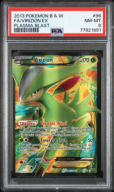 2013 Pokemon Black & White Plasma Blast 96 Full Art/virizion Ex PSA 8
