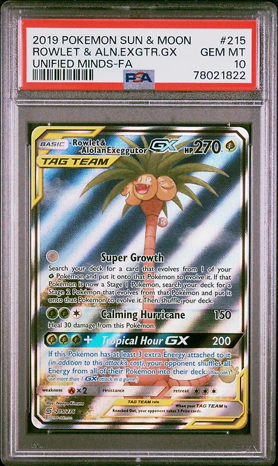 2019 Pokemon Sun & Moon Unified Minds 215 Full Art/rowlet & Alolan Exeggutor Gx PSA 10