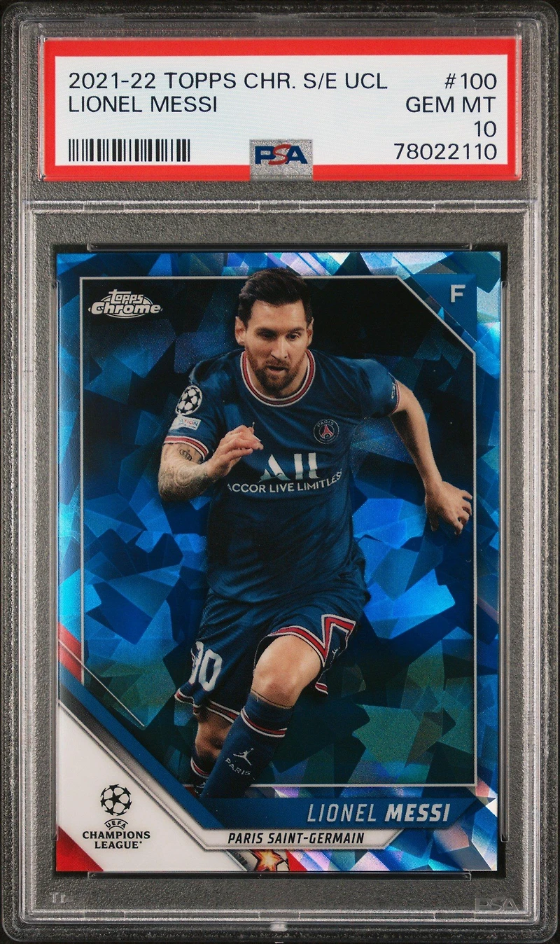 2021-2022 Topps Chrome Sapphire Edition Uefa Champions League 100 Lionel Messi PSA 10