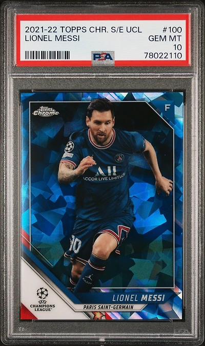 2021-2022 Topps Chrome Sapphire Edition Uefa Champions League 100 Lionel Messi PSA 10
