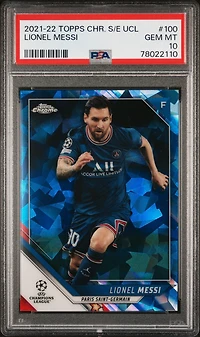 2021-2022 Topps Chrome Sapphire Edition Uefa Champions League 100 Lionel Messi PSA 10