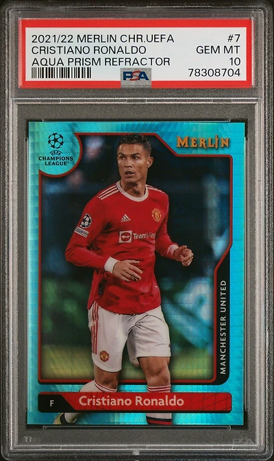2021-2022 Topps Merlin Chrome Uefa League 7 Cristiano Ronaldo Aqua Prism Refractor PSA 10