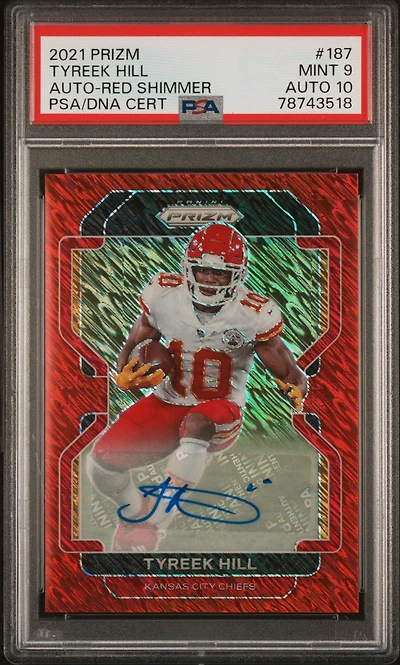 2021 Panini Prizm 187 Tyreek Hill Autograph-red Shimmer PSA 9
