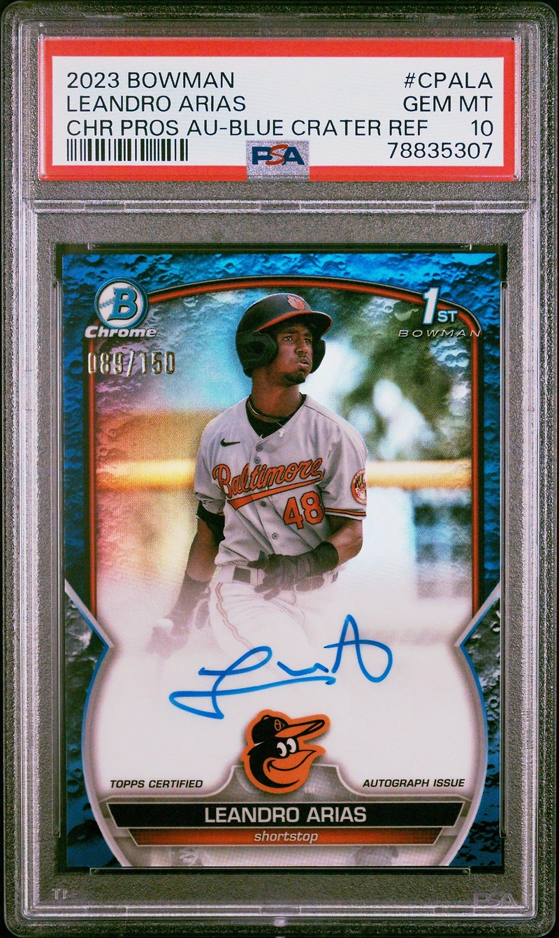 2023 Bowman Chrome Prospect Autographs Cpala Leandro Arias Blue Lunar Crater Refractor PSA 10
