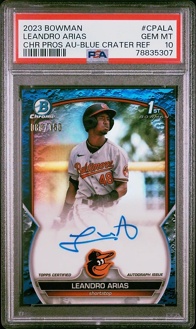 2023 Bowman Chrome Prospect Autographs Cpala Leandro Arias Blue Lunar Crater Refractor PSA 10