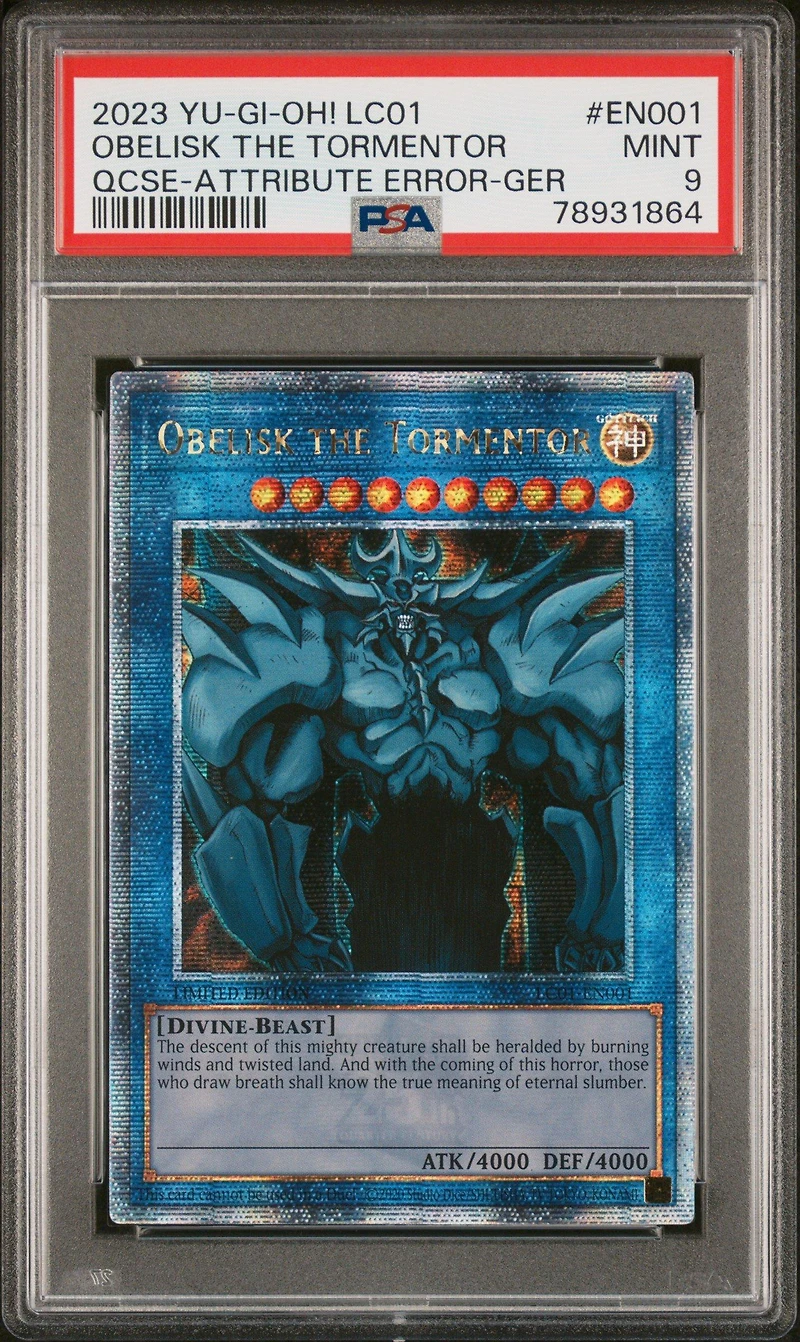 2023 Yu-gi-oh! Lc01-legendary Collection: 25th Anniversary Edition En001 Obelisk The Tormentor Quarter Century Secret Rare-attribute Error-german PSA 9