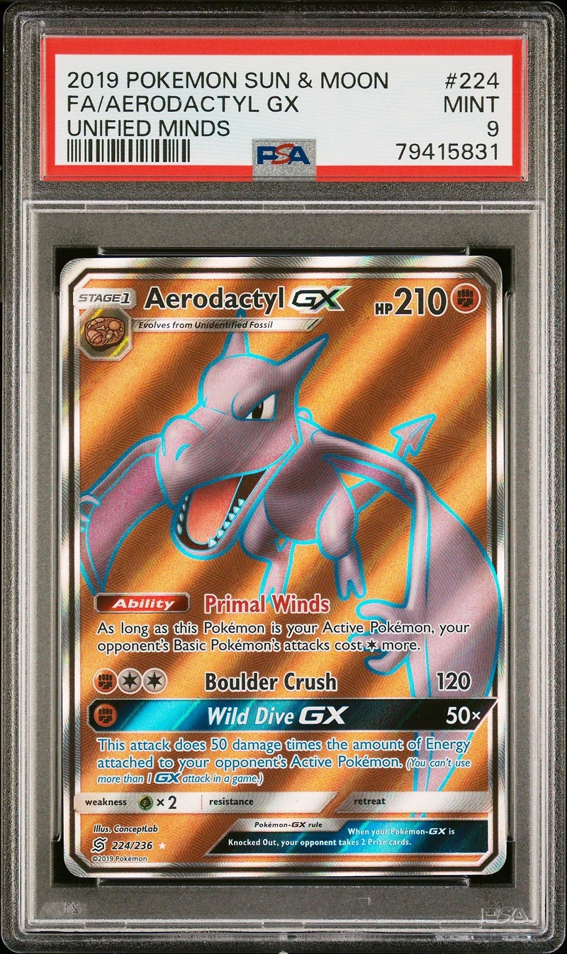 2019 Pokemon Sun & Moon Unified Minds 224 Full Art/aerodactyl Gx PSA 9