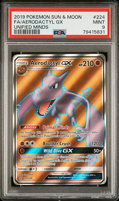 2019 Pokemon Sun & Moon Unified Minds 224 Full Art/aerodactyl Gx PSA 9