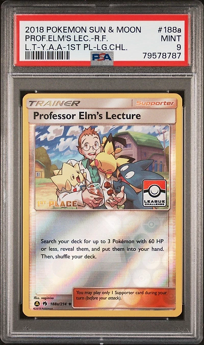 2018 Pokemon Sun & Moon Lost Thunder 188a Professor Elm's Lecture-rev.foil Yellow A Alternate Art-1st Place-league Challenge PSA 9