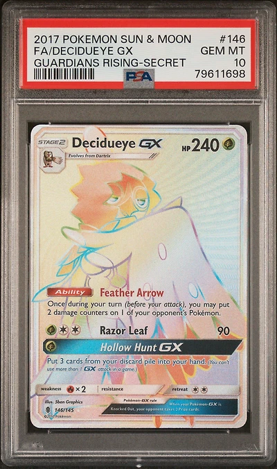 2017 Pokemon Sun & Moon Guardians Rising 146 Full Art/decidueye Gx Secret PSA 10