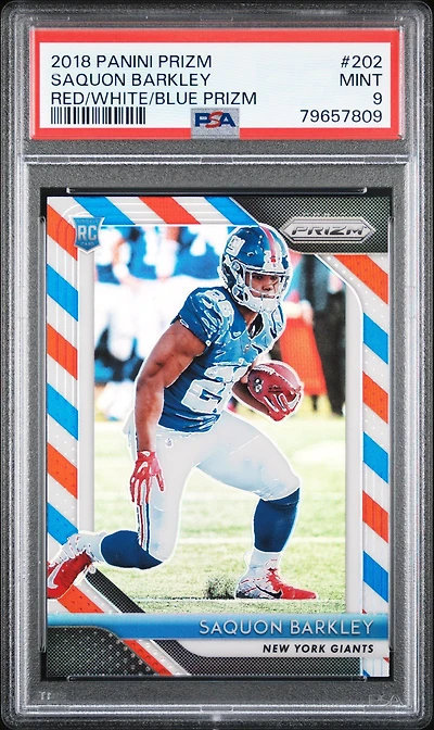 2018 Panini Prizm 202 Saquon Barkley Red/white/blue Prizm PSA 9