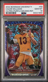 2022 Bowman University Chrome Prospects 50 Caleb Williams Purple Mini Diamond Refractor PSA 10