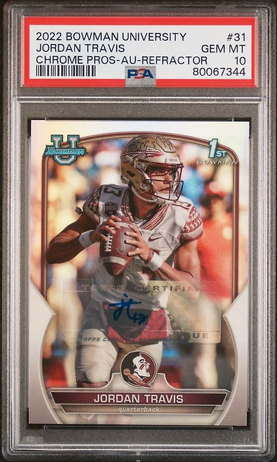 2022 Bowman University Chrome Prospects 31 Jordan Travis Autograph-refractor PSA 10