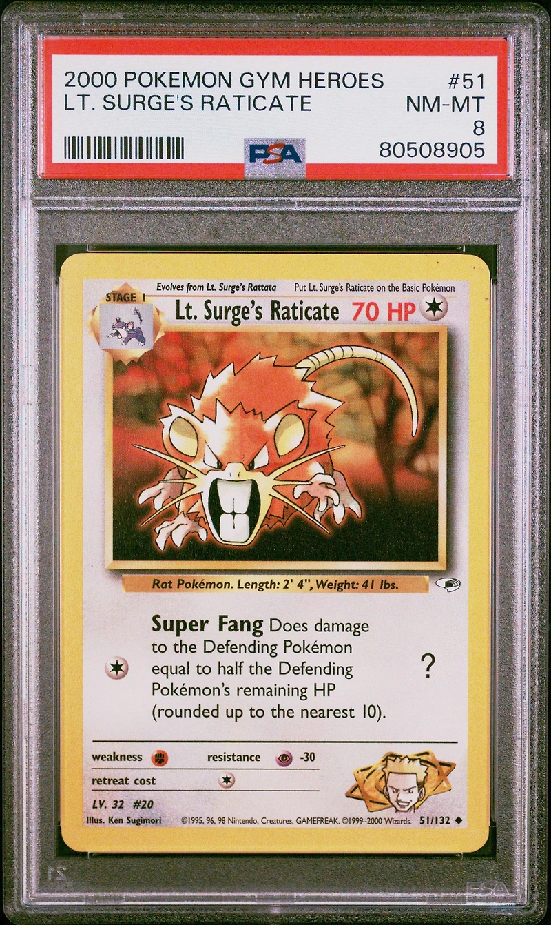 2000 Pokemon Gym Heroes 51 Lt. Surge's Raticate PSA