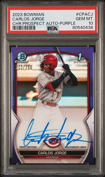 2023 Bowman Chrome Prospect Autographs Cpacj Carlos Jorge Purple PSA 10