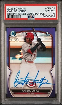 2023 Bowman Chrome Prospect Autographs Cpacj Carlos Jorge Purple PSA 10