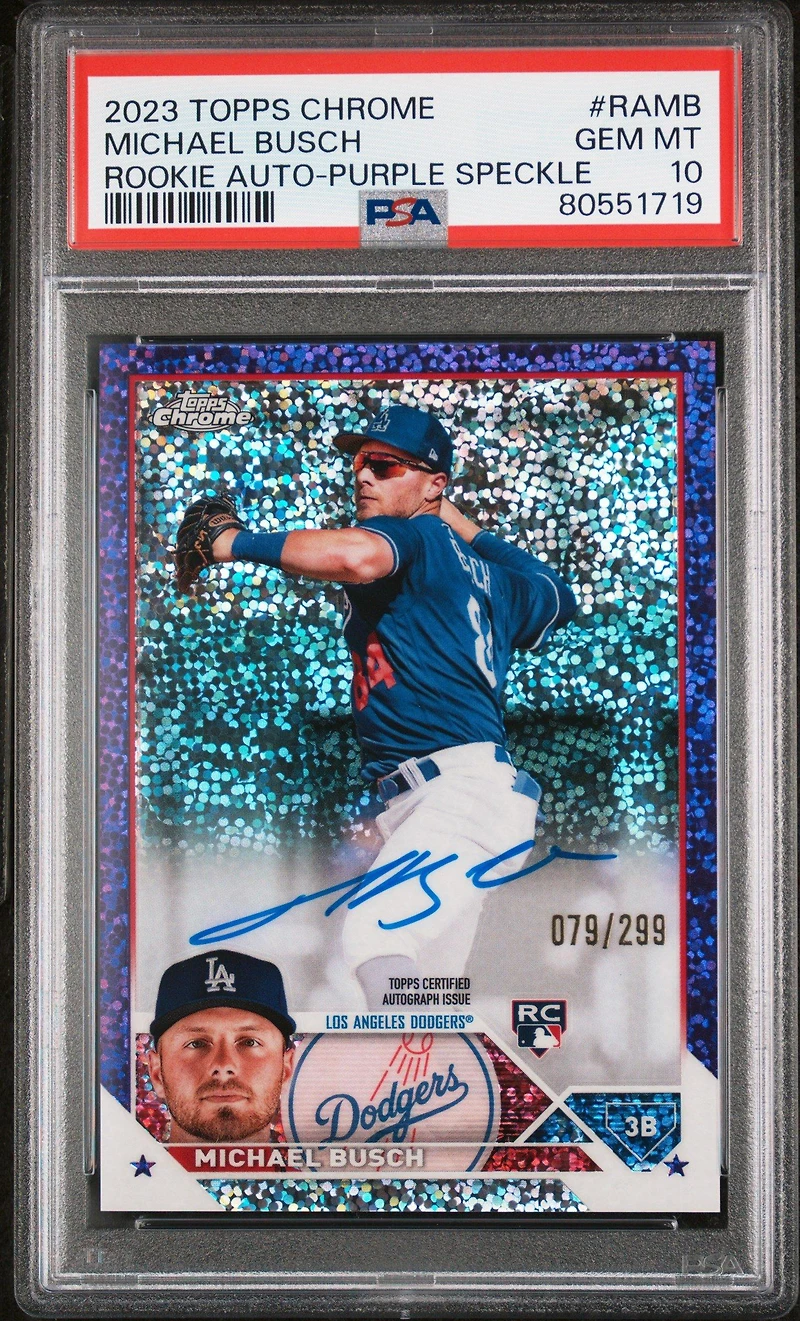2023 Topps Chrome Rookie Autograph Ramb Michael Busch Purple Speckle Refractor PSA 10