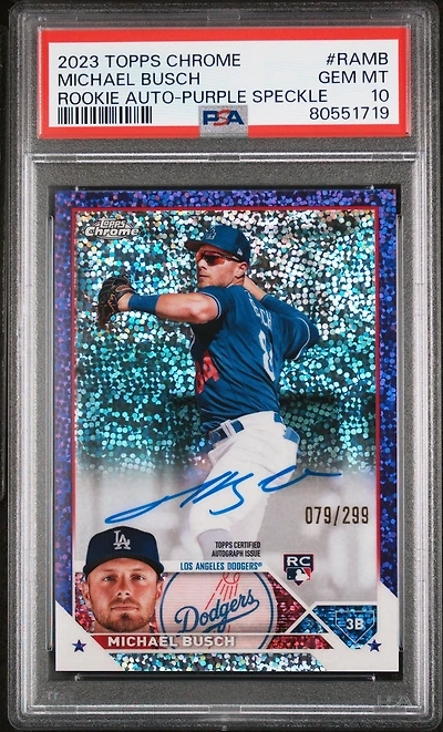 2023 Topps Chrome Rookie Autograph Ramb Michael Busch Purple Speckle Refractor PSA 10