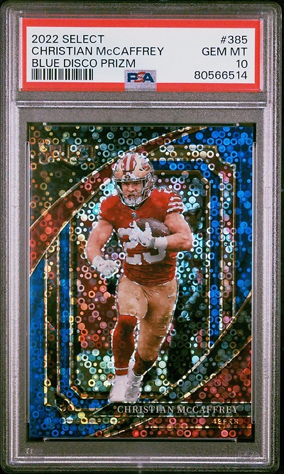 2022 Panini Select 385 Christian Mccaffrey Blue Disco Prizm PSA 10