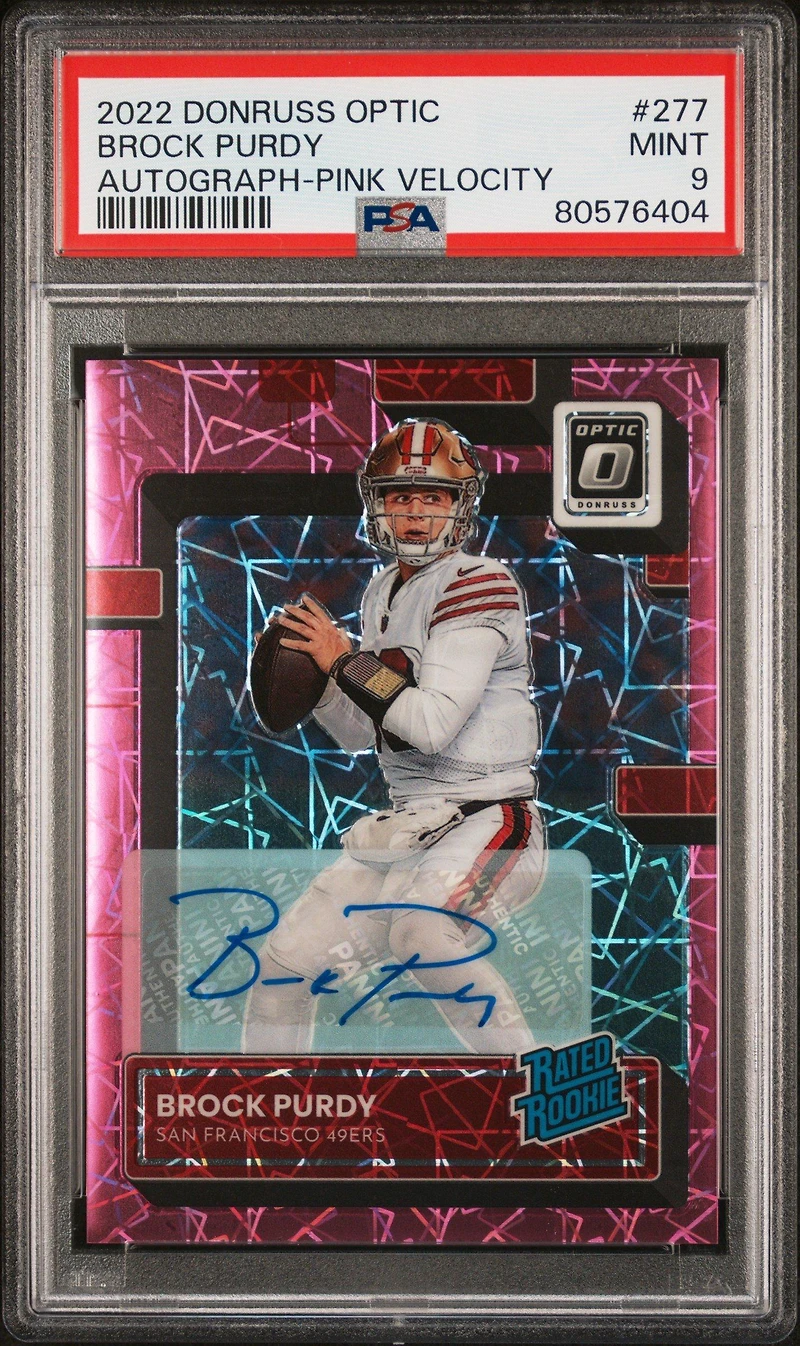 2022 Panini Donruss Optic 277 Brock Purdy Autograph-pink Velocity PSA 9