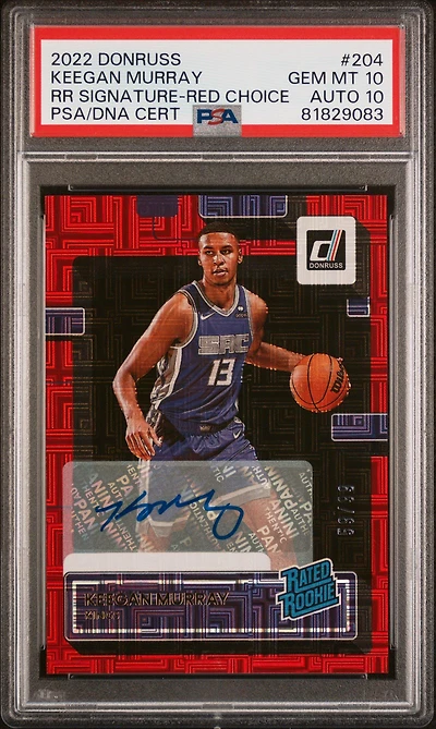 2022 Panini Donruss 204 Keegan Murray Rated Rookie Signature-red Choice PSA 10