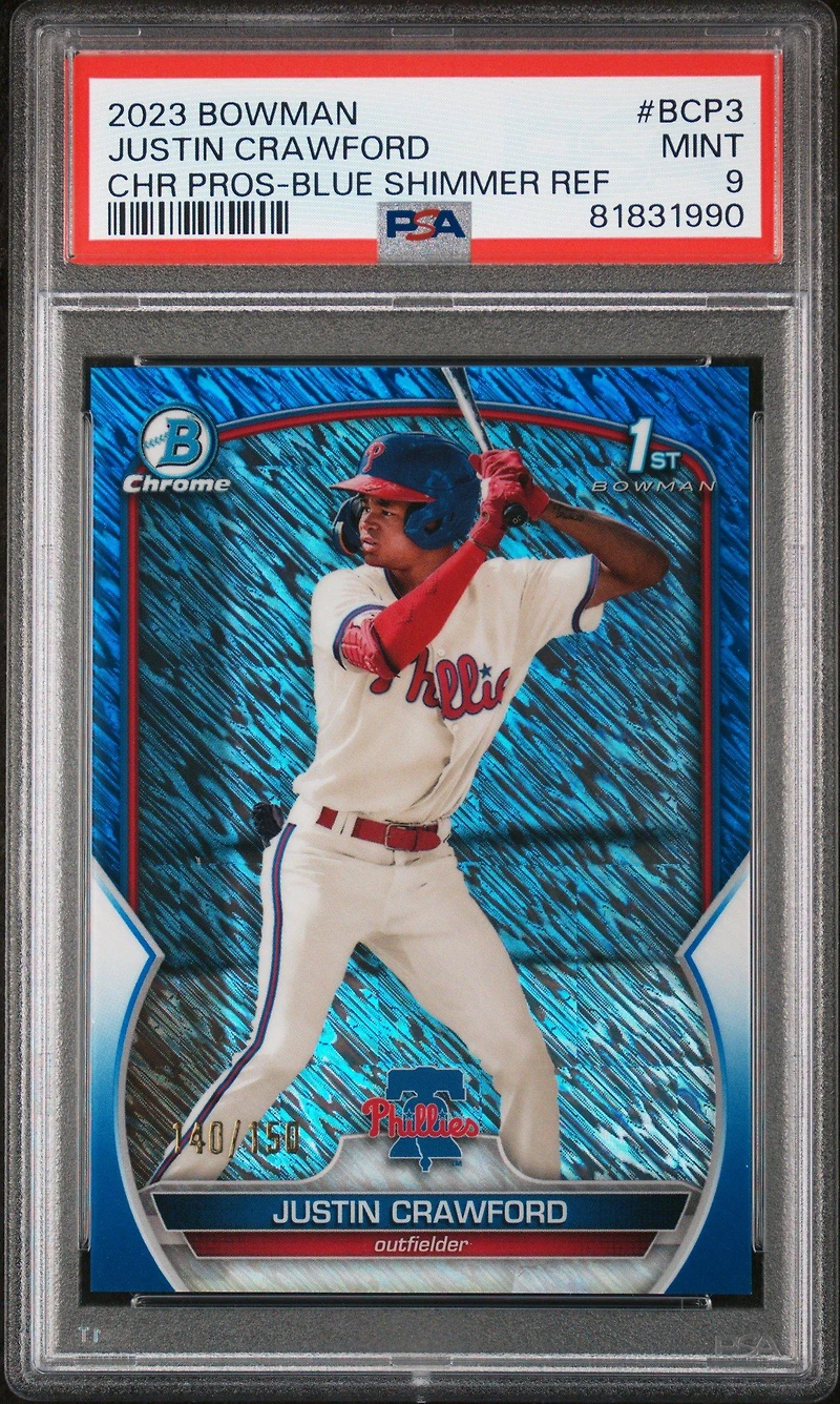 2023 Bowman Chrome Prospects Bcp3 Justin Crawford Blue Shimmer PSA 9