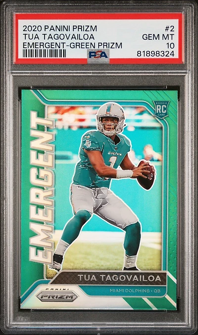 2020 Panini Prizm Emergent 2 Tua Tagovailoa Green Prizm PSA 10