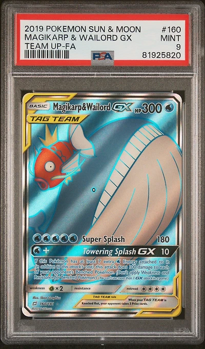 2019 Pokemon Sun & Moon Team Up 160 Magikarp & Wailord Gx PSA 9