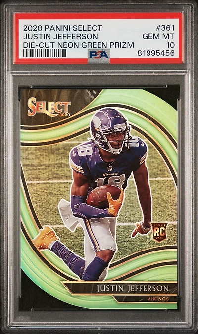 2020 Panini Select 361 Justin Jefferson Die-cut Neon Green Prizm PSA 10