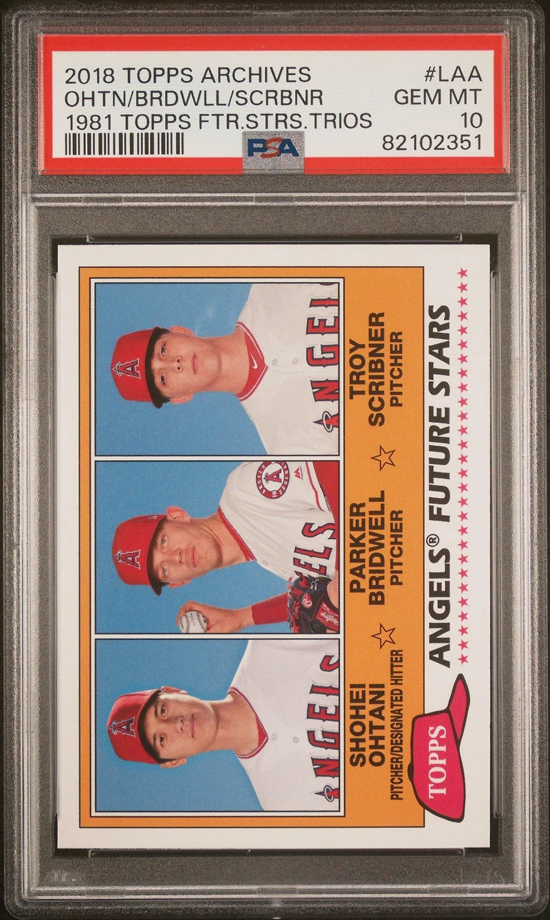 2018 Topps Archives 1981 Topps Future Stars Trios Laa Parker Bridwell/shohei Ohtani/troy Scribner PSA 10