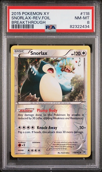 2015 Pokemon Xy Breakthrough 118 Snorlax-reverse Foil PSA 8