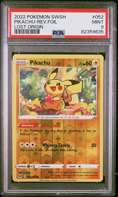 2022 Pokemon Sword & Shield Lost Origin 052 Pikachu-reverse Foil PSA