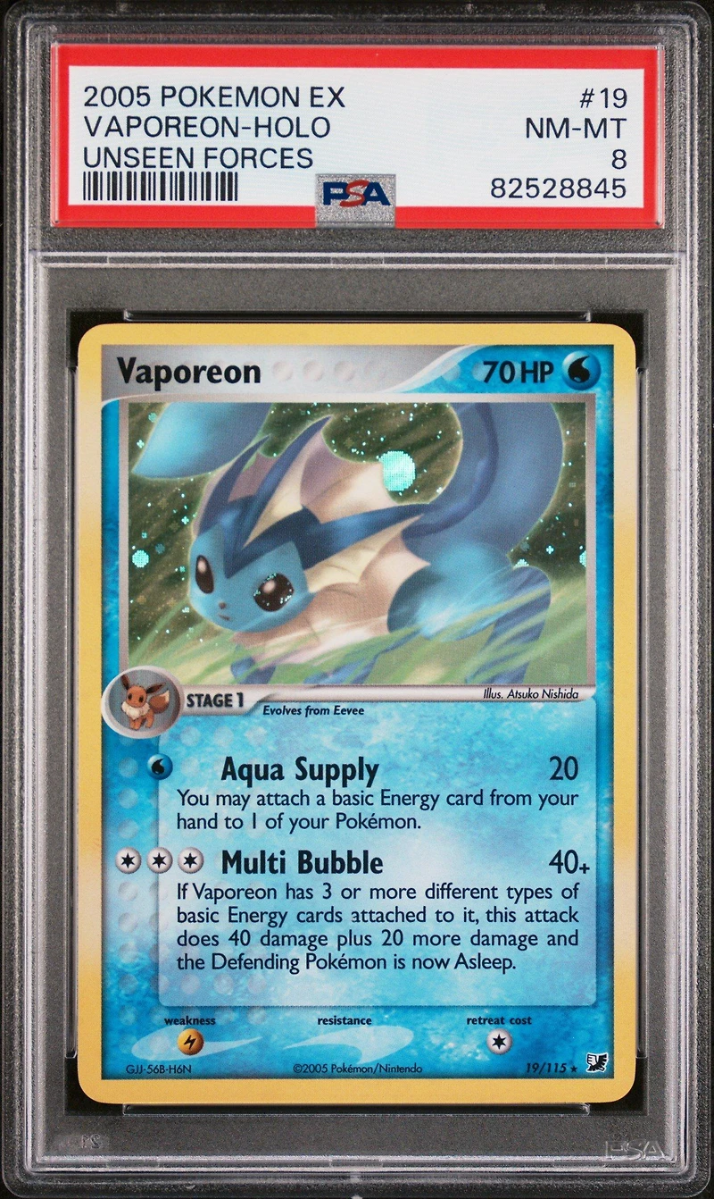 2005 Pokemon Ex Unseen Forces 19 Vaporeon-holo PSA 8