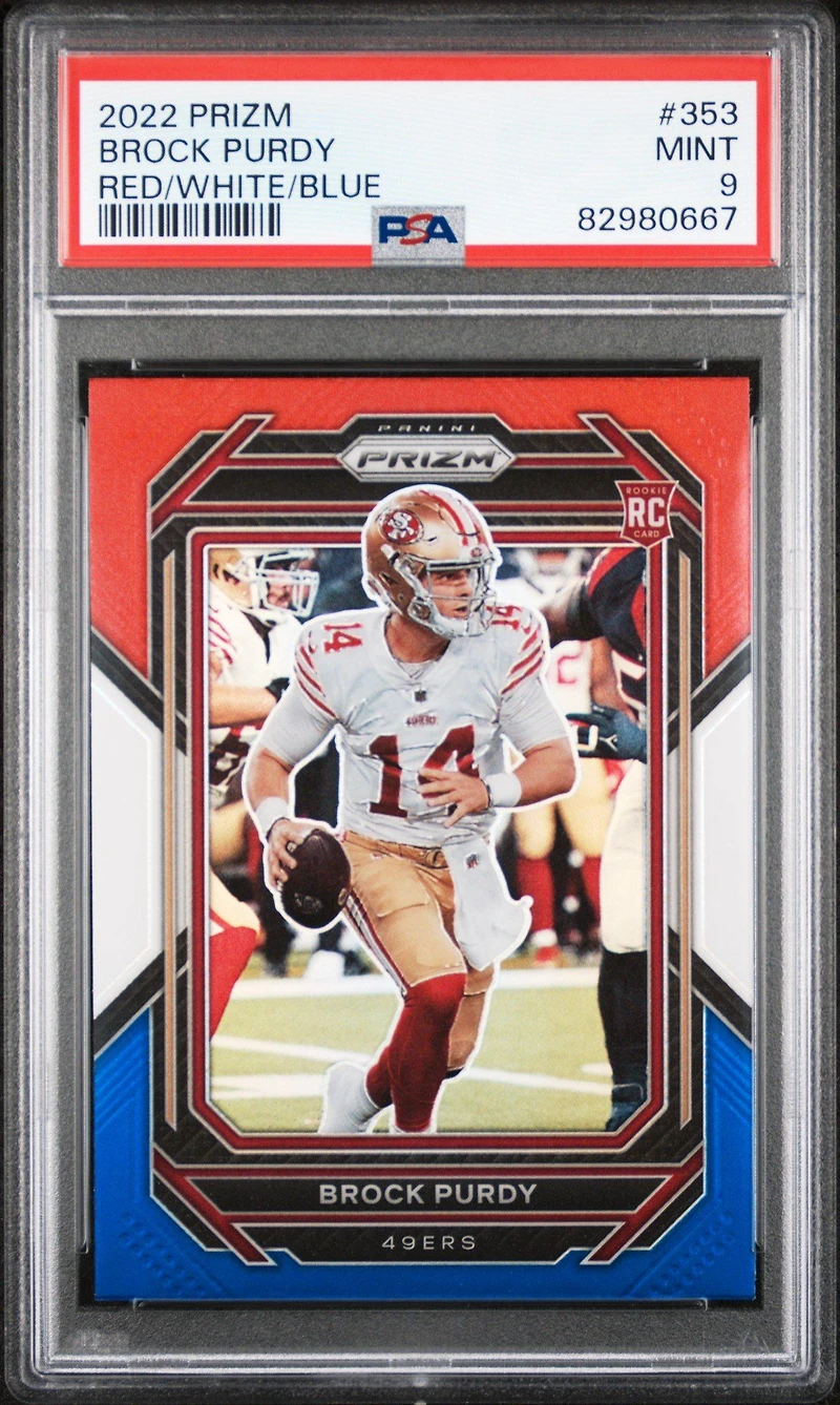 2022 Panini Prizm 353 Brock Purdy Red/white/blue PSA