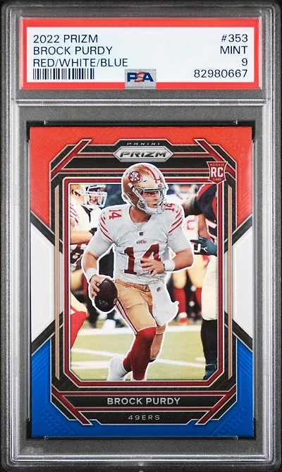 2022 Panini Prizm 353 Brock Purdy Red/white/blue PSA