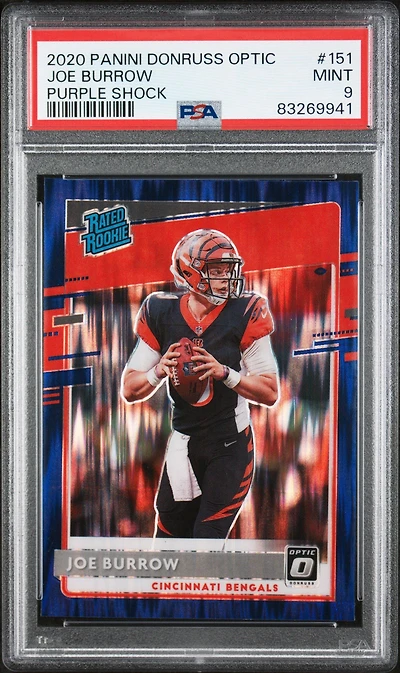 2020 Panini Donruss Optic 151 Joe Burrow Purple Shock PSA 9