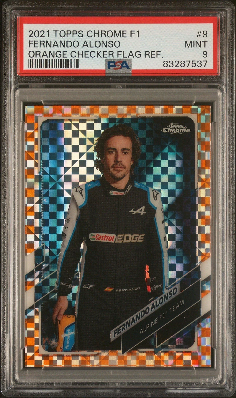 2021 Topps Chrome Formula 1 9 Fernando Alonso Orange Checker Flag Refractor PSA 9
