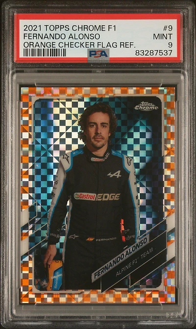 2021 Topps Chrome Formula 1 9 Fernando Alonso Orange Checker Flag Refractor PSA 9