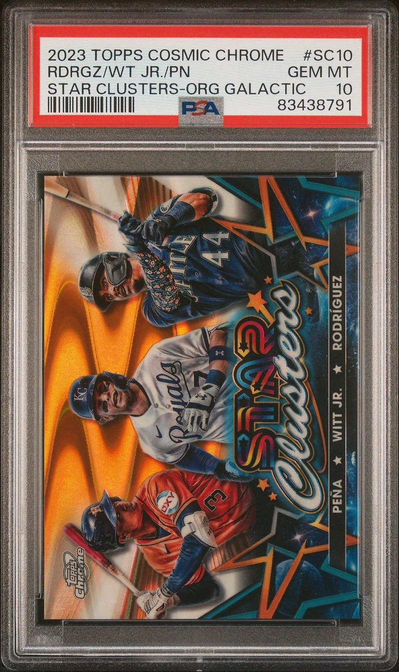 2023 Topps Cosmic Chrome Star Clusters Sc10 Julio Rodriguez/bobby Witt Jr./jeremy Pena Orange Galactic PSA 10