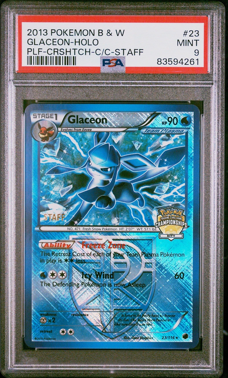 2013 Pokemon Black & White Plasma Freeze 23 Glaceon-holo Crosshatch-2013 City Championships-staff PSA 9