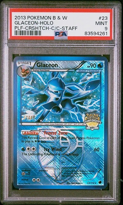 2013 Pokemon Black & White Plasma Freeze 23 Glaceon-holo Crosshatch-2013 City Championships-staff PSA 9