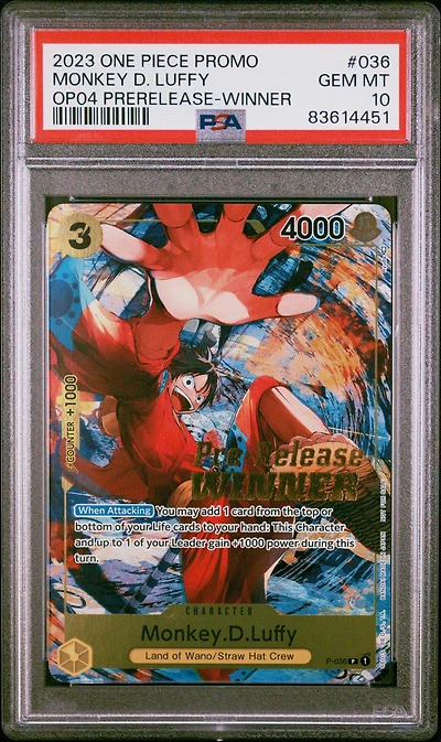 2023 One Piece Promos 036 Monkey D. Luffy Kingdoms Of Intrigue Pre-release-winner PSA 10