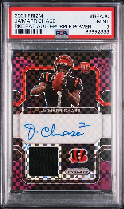 2021 Panini Prizm Rookie Patch Autographs Rpajc Ja'marr Chase Purple Power PSA 9