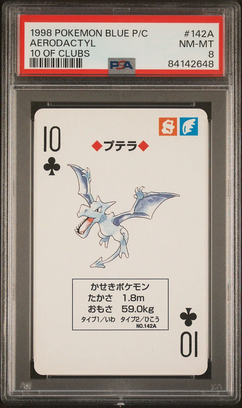 1998 Pokemon Blue Version Playing Cards 142a Aerodactyl 10 Of Clubs PSA 8