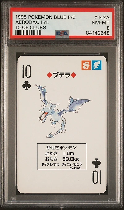 1998 Pokemon Blue Version Playing Cards 142a Aerodactyl 10 Of Clubs PSA 8