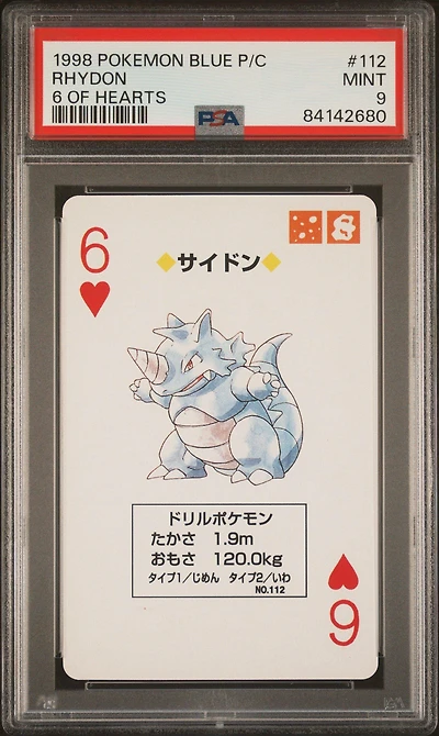 1998 Pokemon Blue Version Playing Cards 112 Rhydon 6 Of Hearts PSA 9