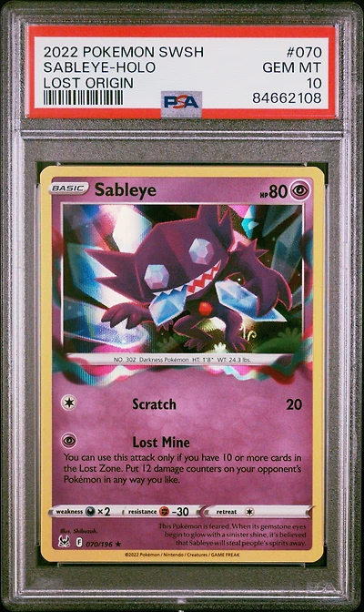 2022 Pokemon Sword & Shield Lost Origin 070 Sableye-holo PSA 10