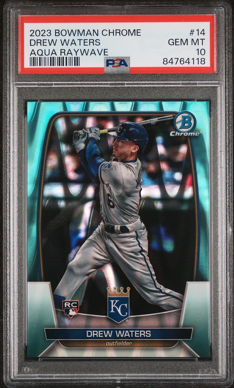 2023 Bowman Chrome 14 Drew Waters Aqua Raywave PSA 10