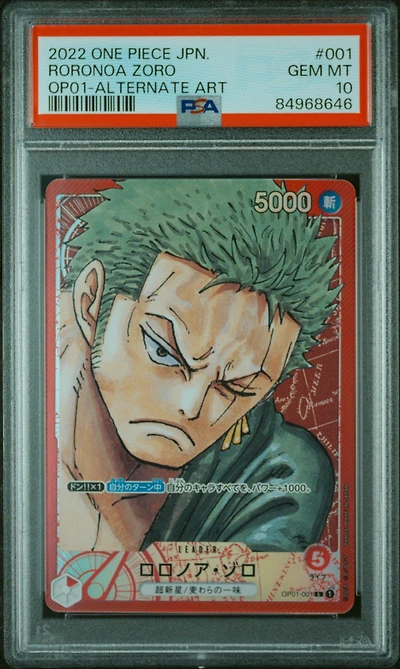 2022 One Piece Japanese Romance Dawn 001 Roronoa Zoro Alternate Art PSA 10