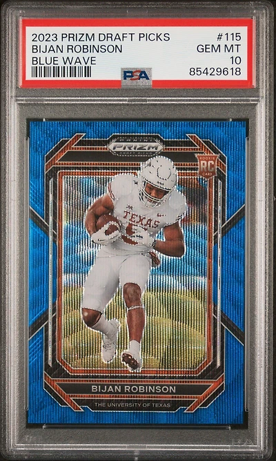 2023 Panini Prizm Draft Picks 115 Bijan Robinson Blue Wave PSA 10